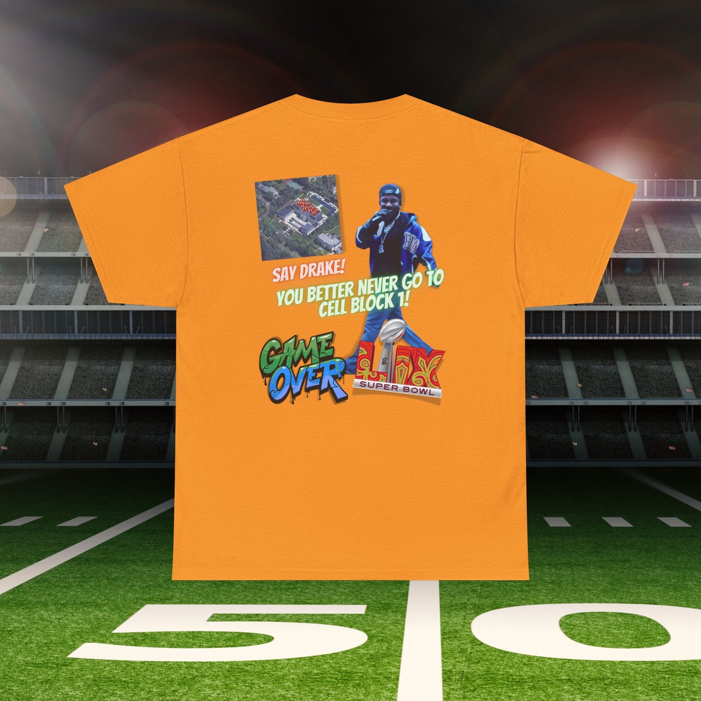 Super Bowl Kendrick Lamar Graphic Heavy Cotton Tee - 'Game Over' & 'SAY DRAKE!' Cell Block 1