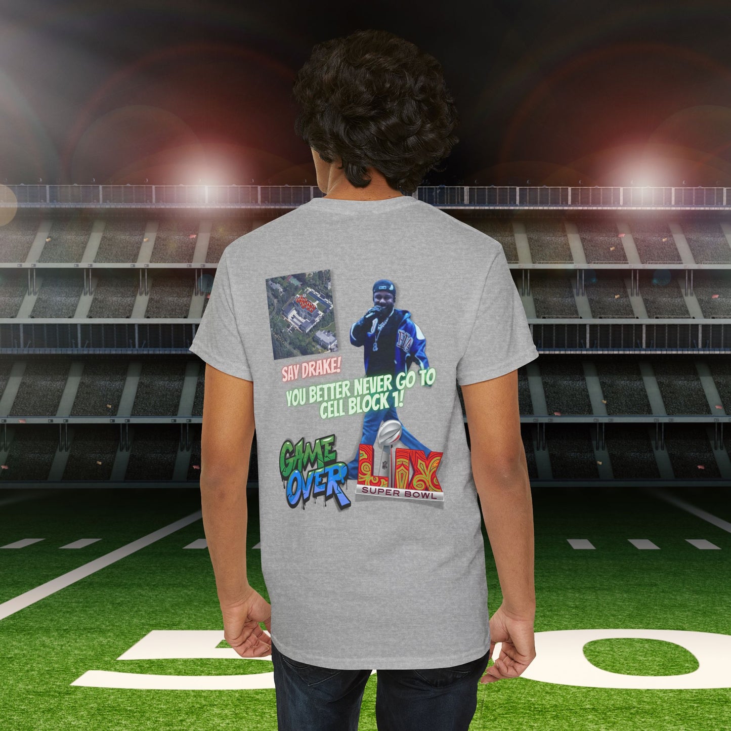 Super Bowl Kendrick Lamar Graphic Heavy Cotton Tee - 'Game Over' & 'SAY DRAKE!' Cell Block 1