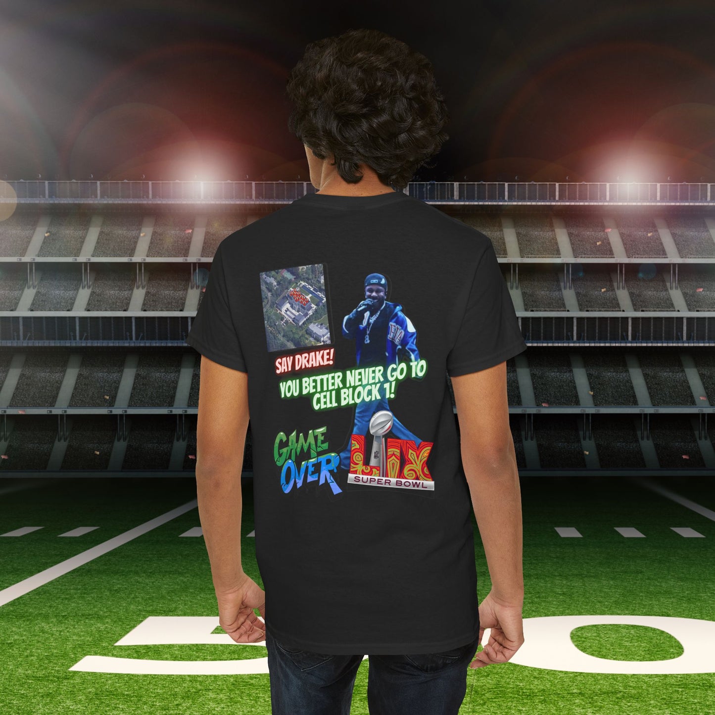 Super Bowl Kendrick Lamar Graphic Heavy Cotton Tee - 'Game Over' & 'SAY DRAKE!' Cell Block 1