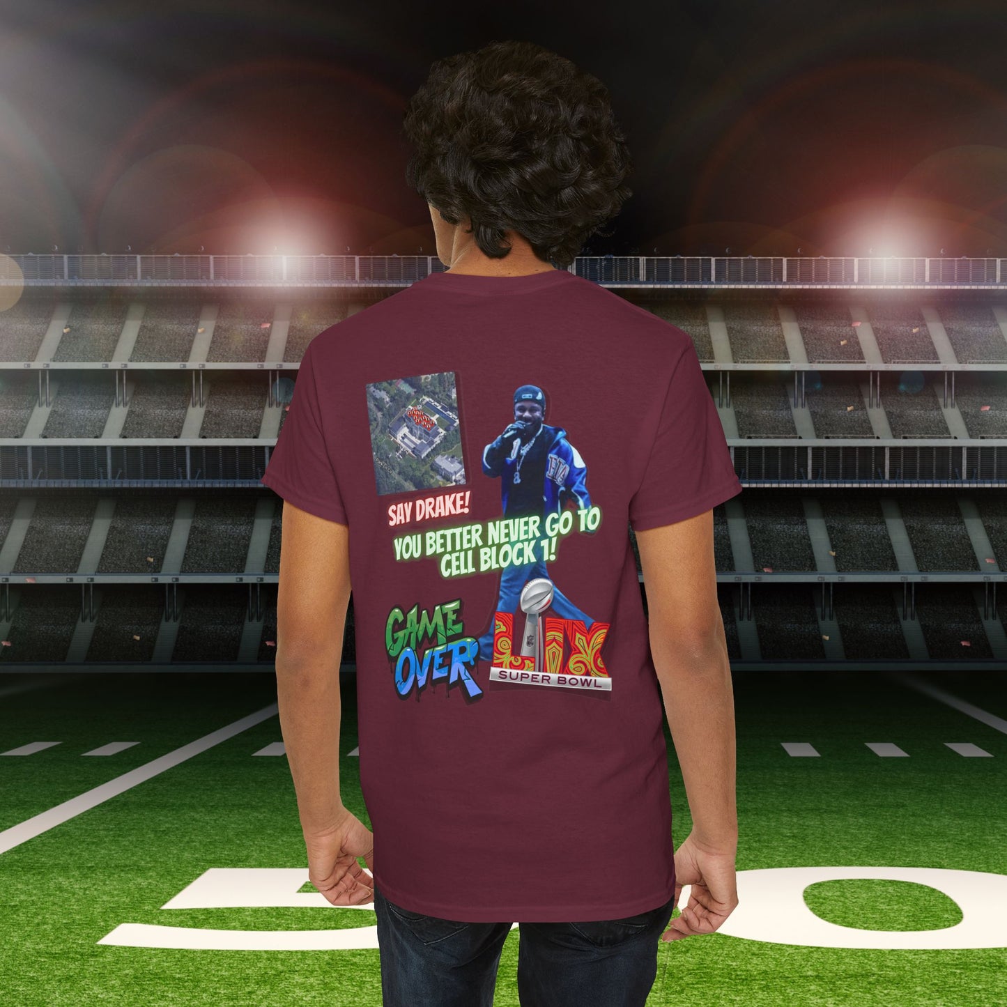 Super Bowl Kendrick Lamar Graphic Heavy Cotton Tee - 'Game Over' & 'SAY DRAKE!' Cell Block 1