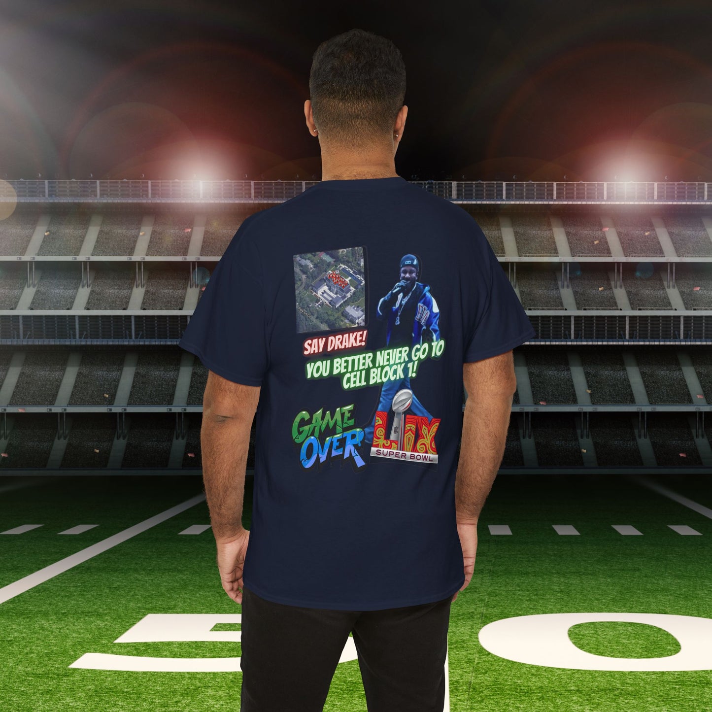 Super Bowl Kendrick Lamar Graphic Heavy Cotton Tee - 'Game Over' & 'SAY DRAKE!' Cell Block 1