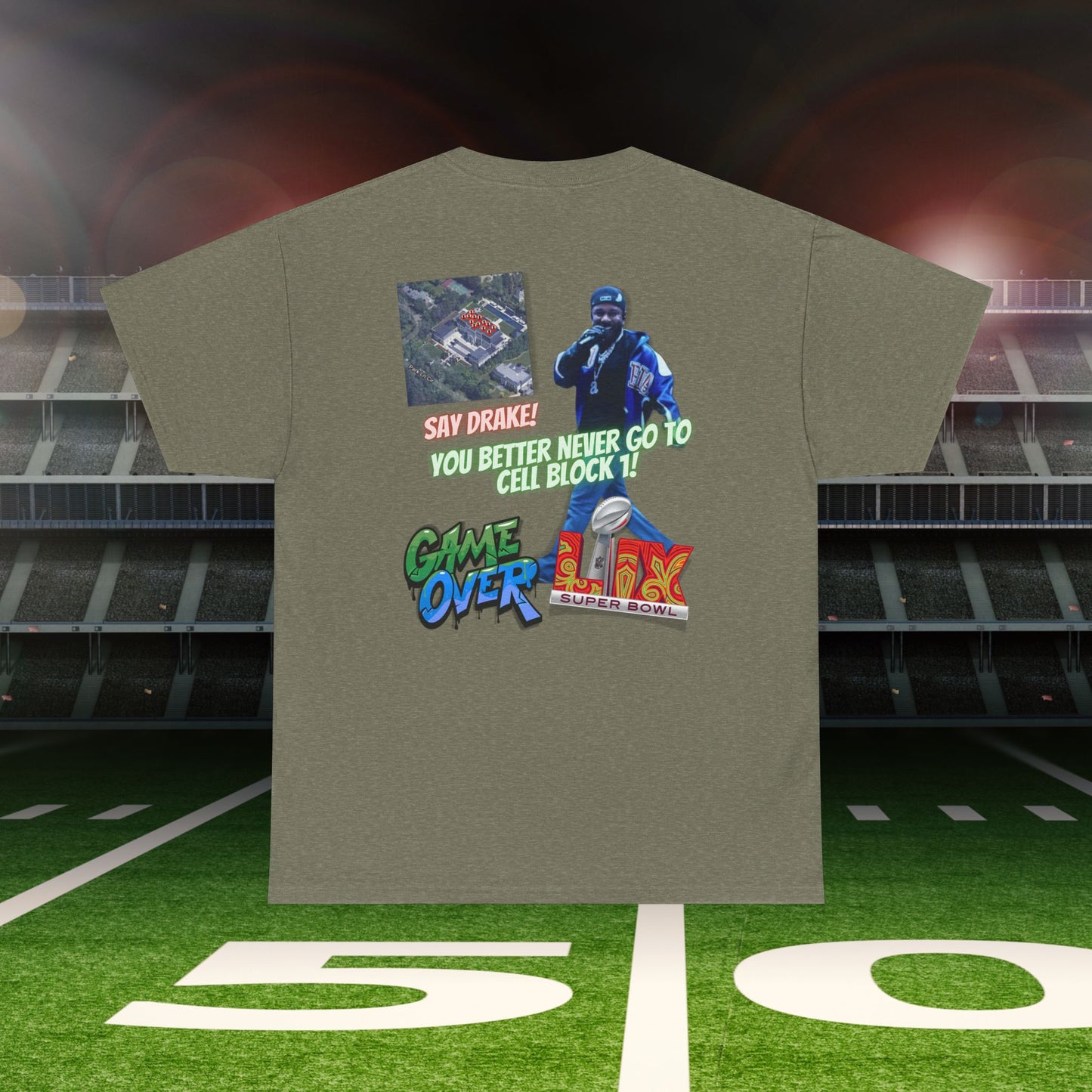 Super Bowl Kendrick Lamar Graphic Heavy Cotton Tee - 'Game Over' & 'SAY DRAKE!' Cell Block 1