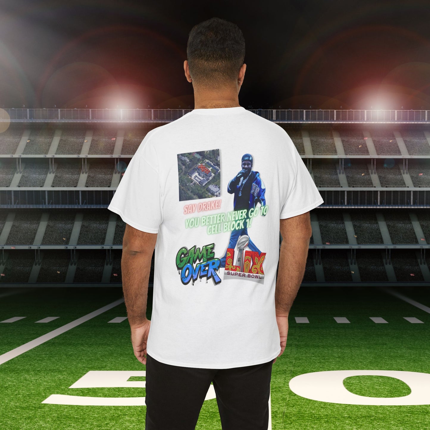 Super Bowl Kendrick Lamar Graphic Heavy Cotton Tee - 'Game Over' & 'SAY DRAKE!' Cell Block 1
