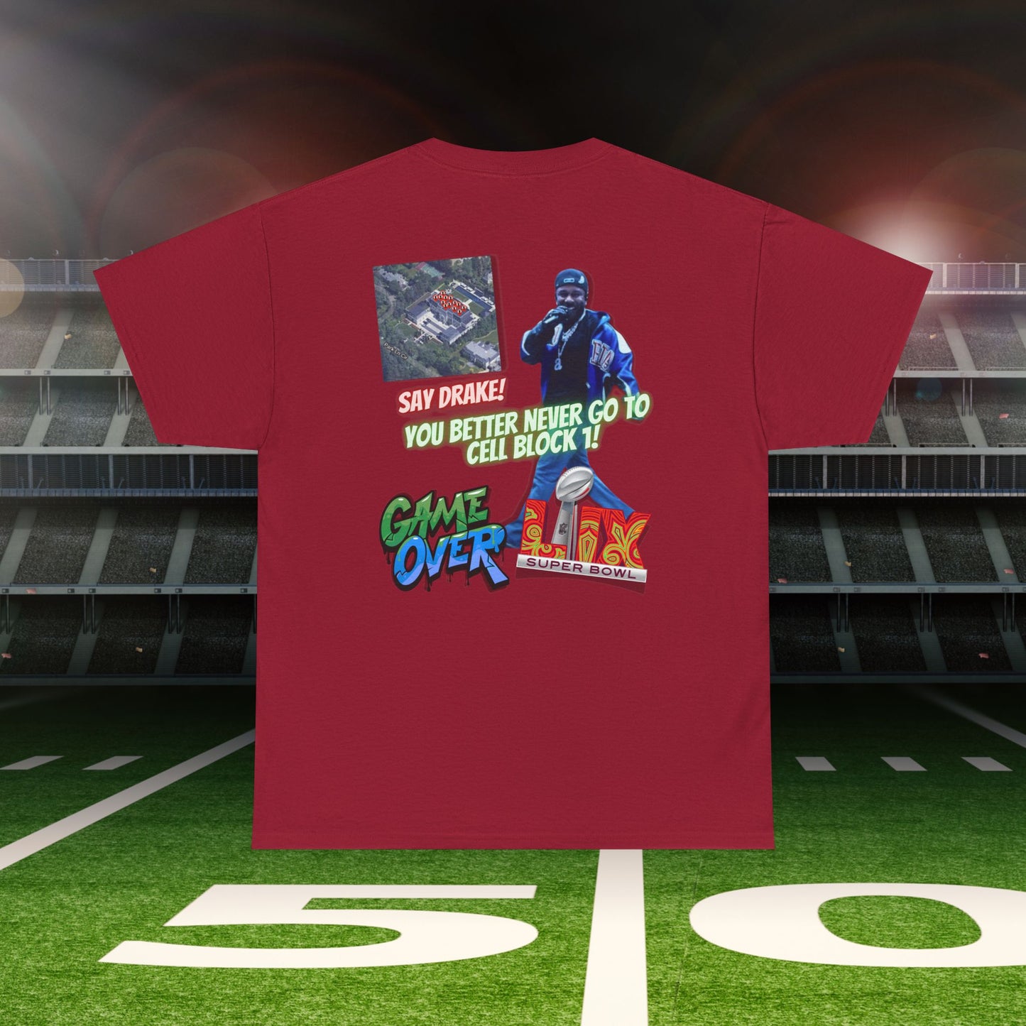 Super Bowl Kendrick Lamar Graphic Heavy Cotton Tee - 'Game Over' & 'SAY DRAKE!' Cell Block 1