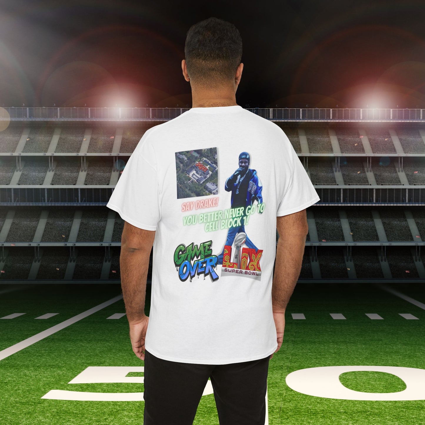 Super Bowl Kendrick Lamar Graphic Heavy Cotton Tee - 'Game Over' & 'SAY DRAKE!'  Cell Block 1