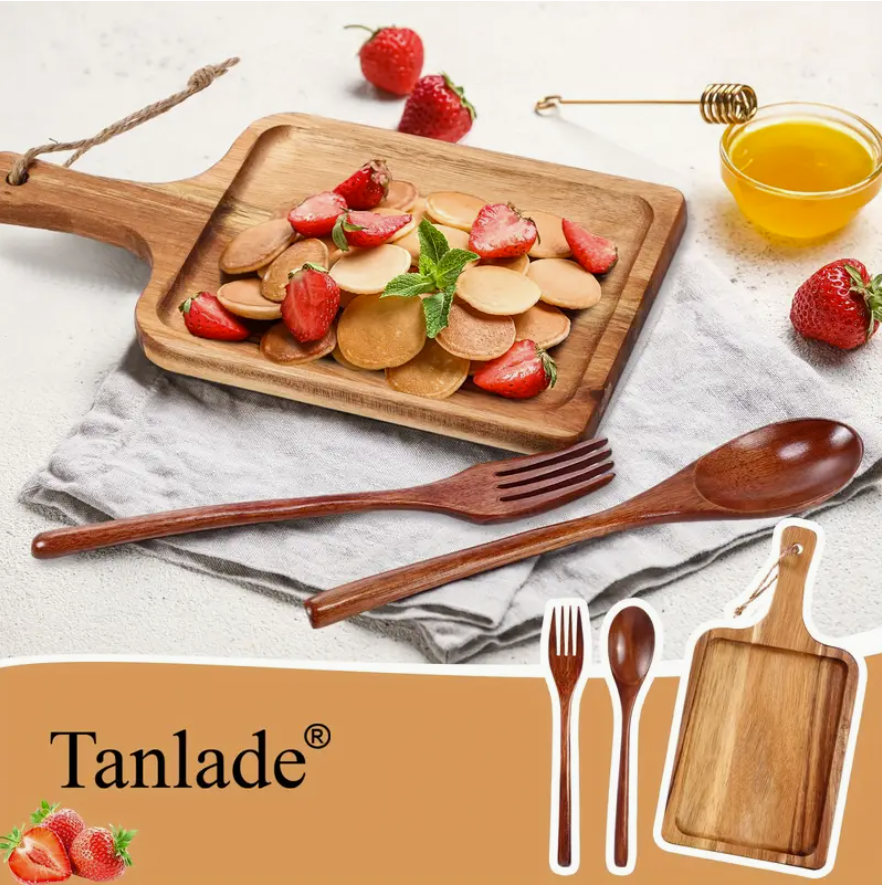 Laser Engraved Acacia Wood Cutting Board With Wooden Spoons And Forks Kitchen Chopping Boards With Handle Wooden Serving Tray Charcuterie Boards