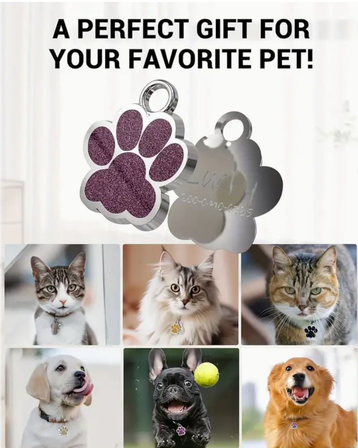Laser Engraved Glitter Paw Bling ID Tag - Custom Dog & Cat Name Tag | Personalized Engraved Pet Tags
